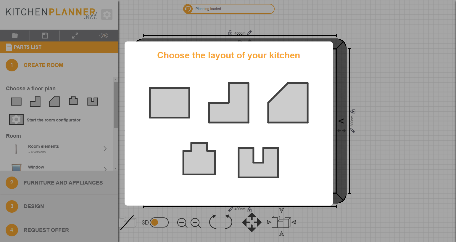 A Screenshot of Kitchenplanner.net's Layout Options