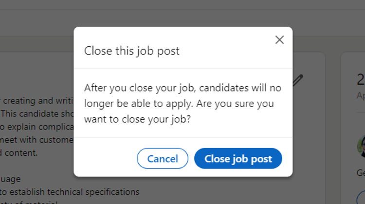 LinkedIn click Close job post