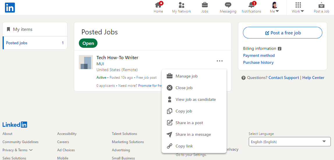 LinkedIn job post management dashboard