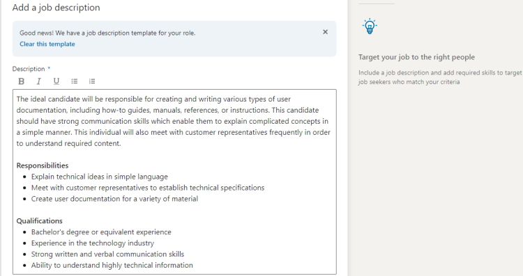 LinkedIn post a job click Clear template edit or write