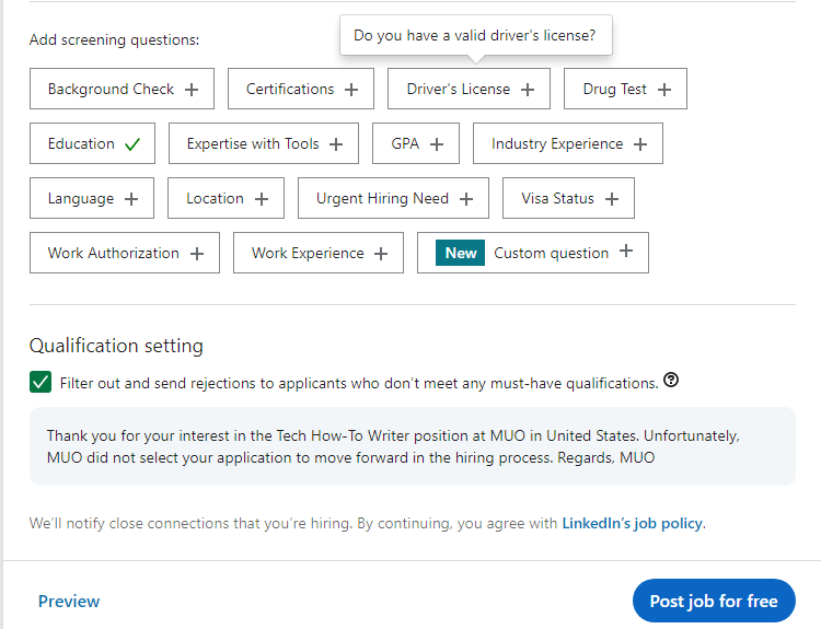 LinkedIn post a job set screening questions click Preview or Post job for free
