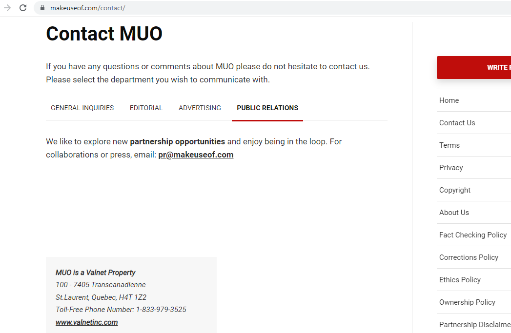 Screenshot of MUO contact page