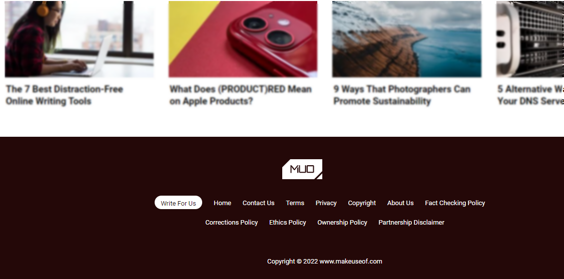 screenshot of MUO website footer