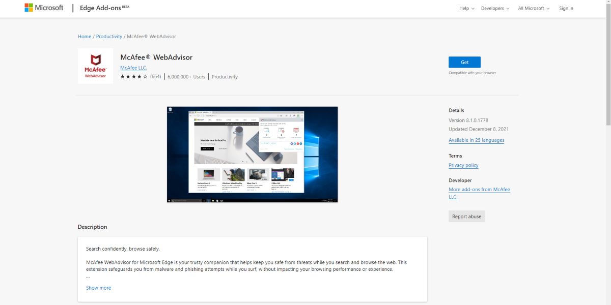 An image of the McAfee WebAdvisor add-on