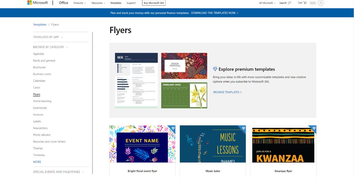 An image of the Microsoft Word templates portal
