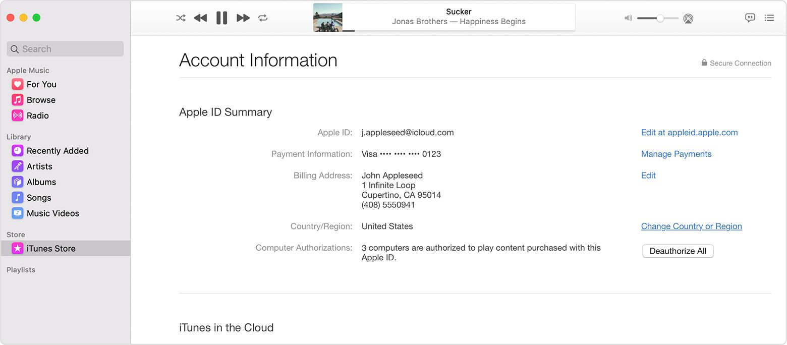 Music app showing Apple ID summary on Mac