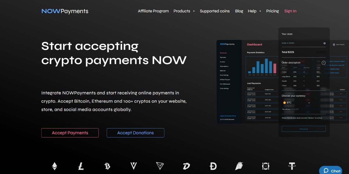 An image showing the NOWPayments website for crypto payments