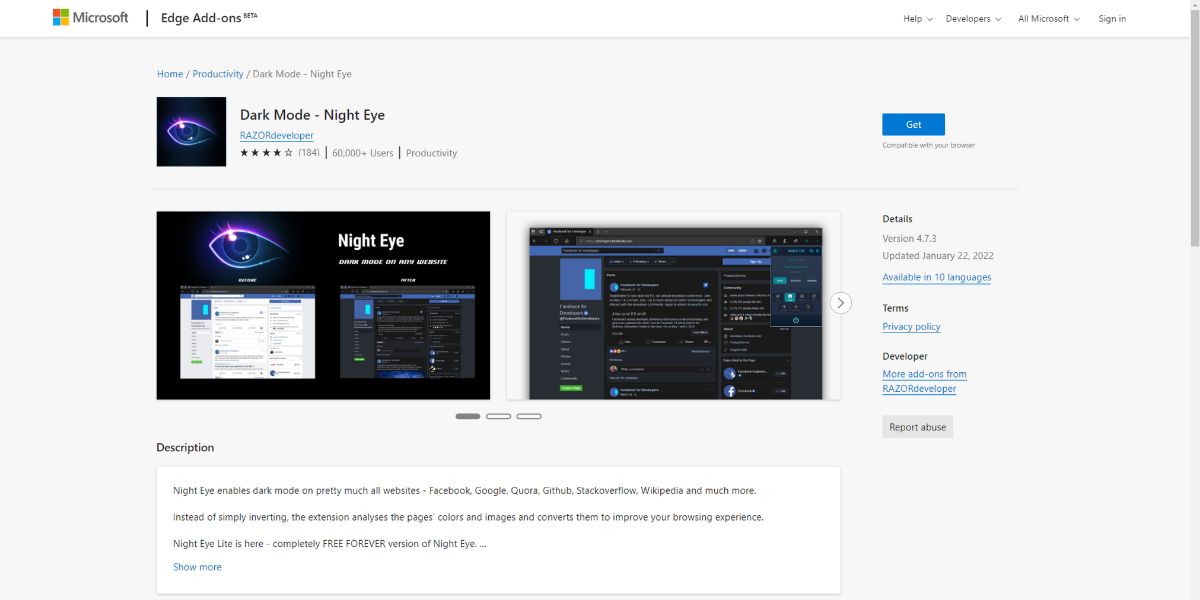 A visual of Night Eye - Dark mode on any website add-on on Edge