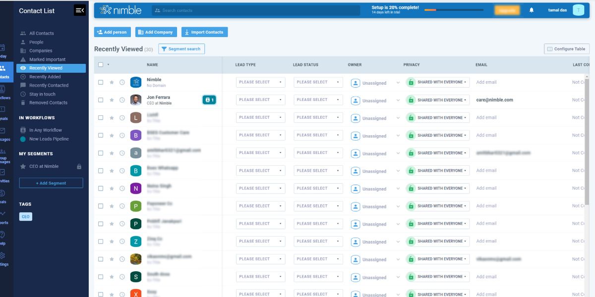 The contacts management interface of Nimble