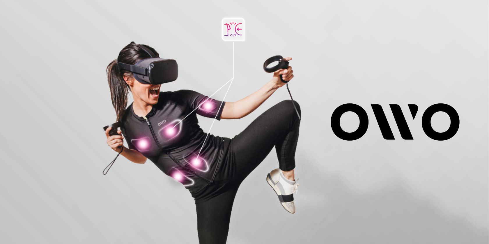 OWO haptic vest black in use with vr headset and logo