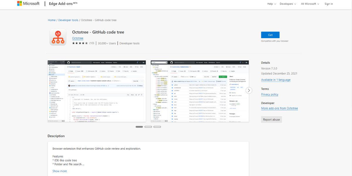 A visual of the Octotree GitHub code tree add-on for Edge