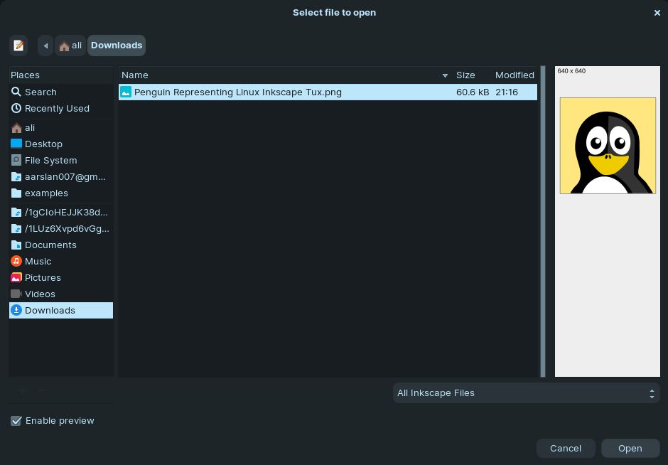 Open File Dialog Box in Inkscape
