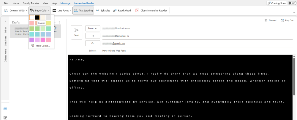 Outlook Read Aloud in Immersive Reader Page Color