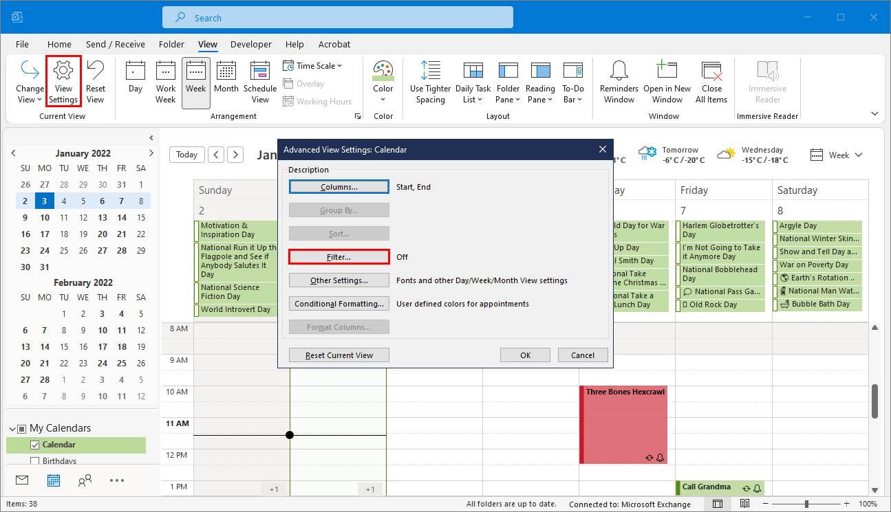 Outlook calendar view settings with filter highlighted
