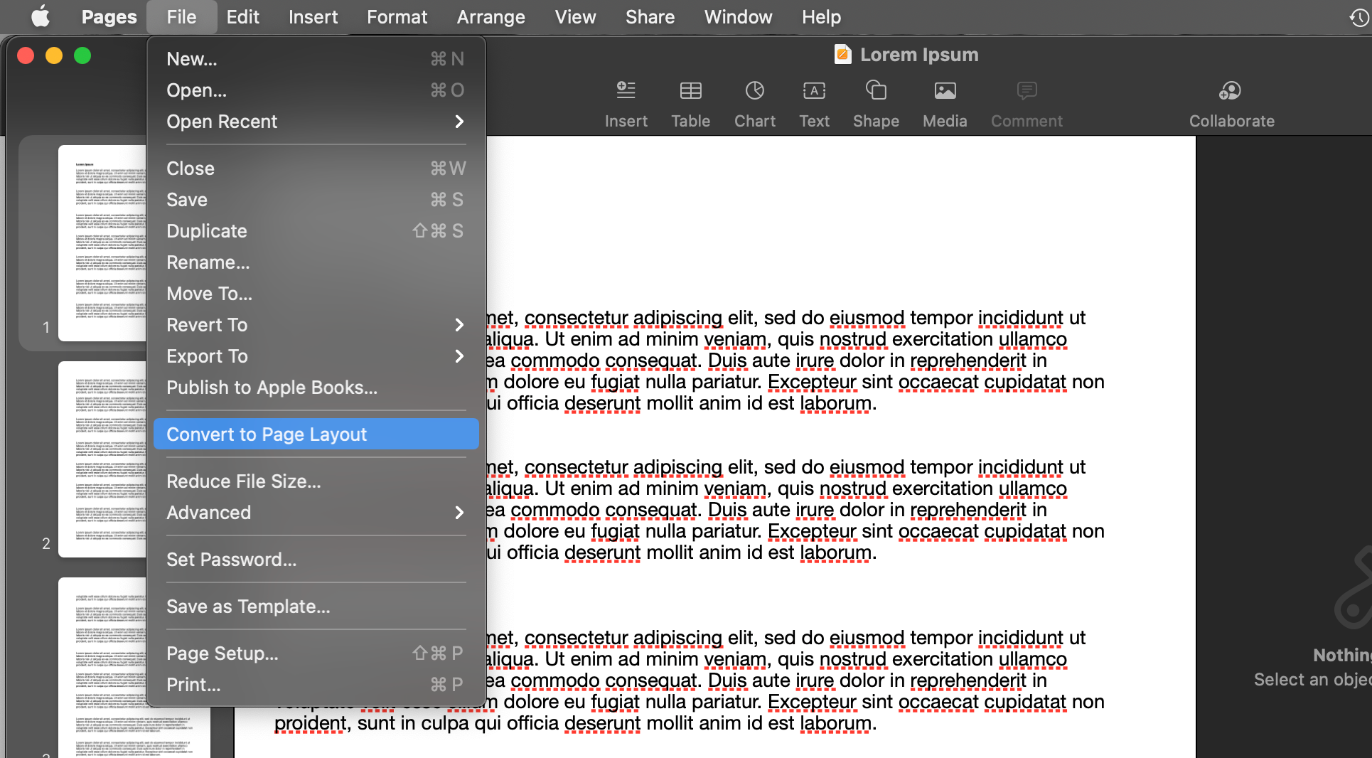 File menu open in Pages with Convert to Page Layout highlighted