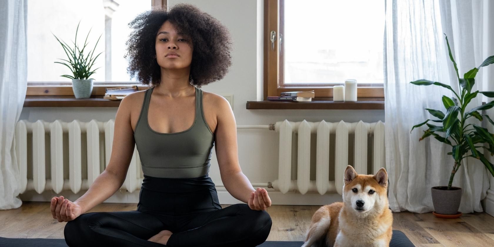 Person Meditating at Home With a Dog