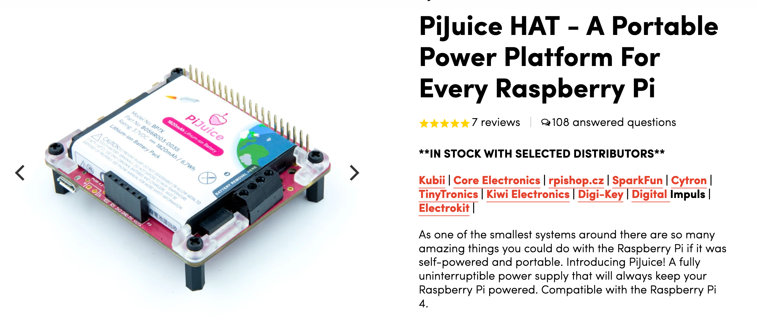 A screenshot of a RaspberryPi PiJuice HAT next to product information