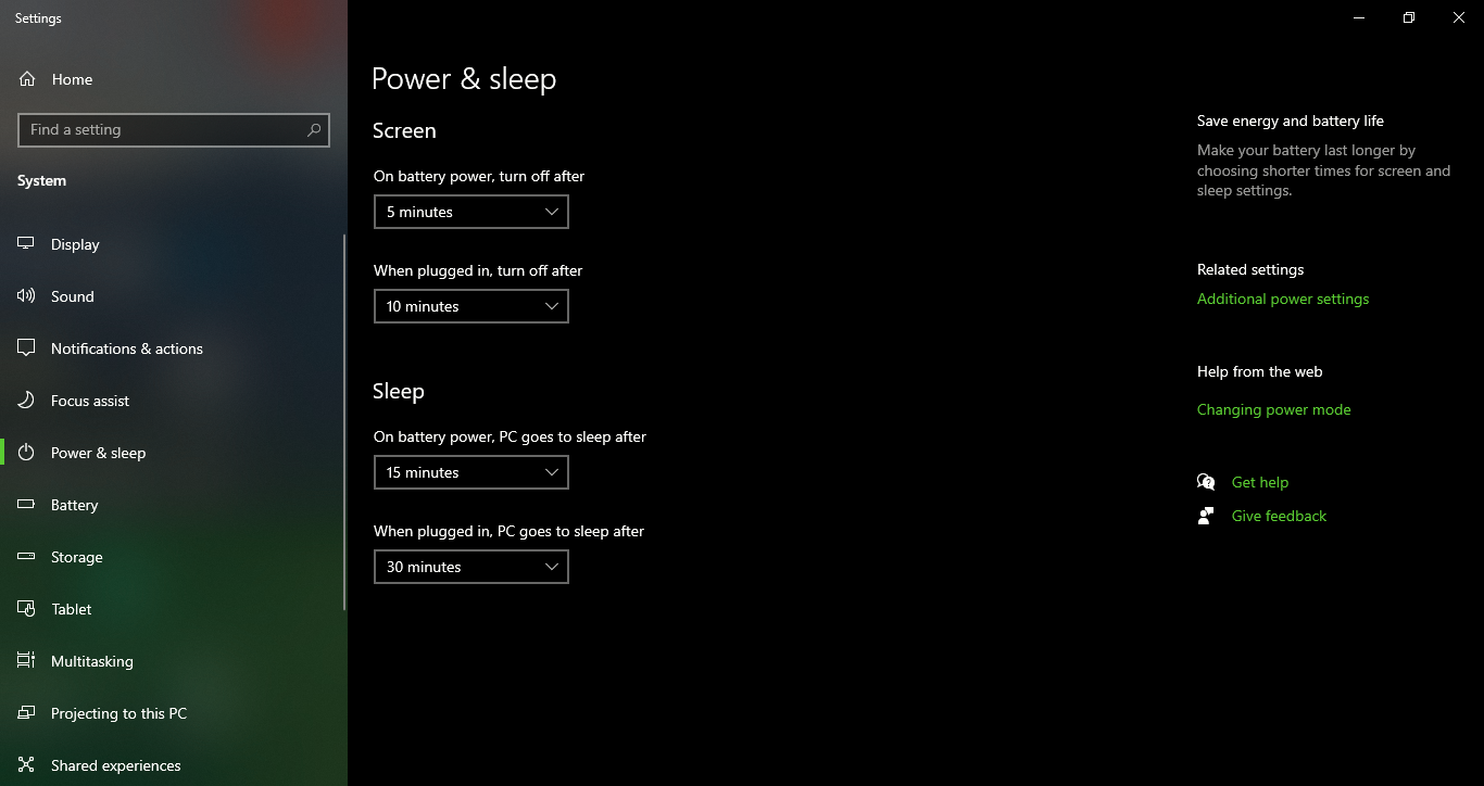 Power and Sleep Setting Windows10