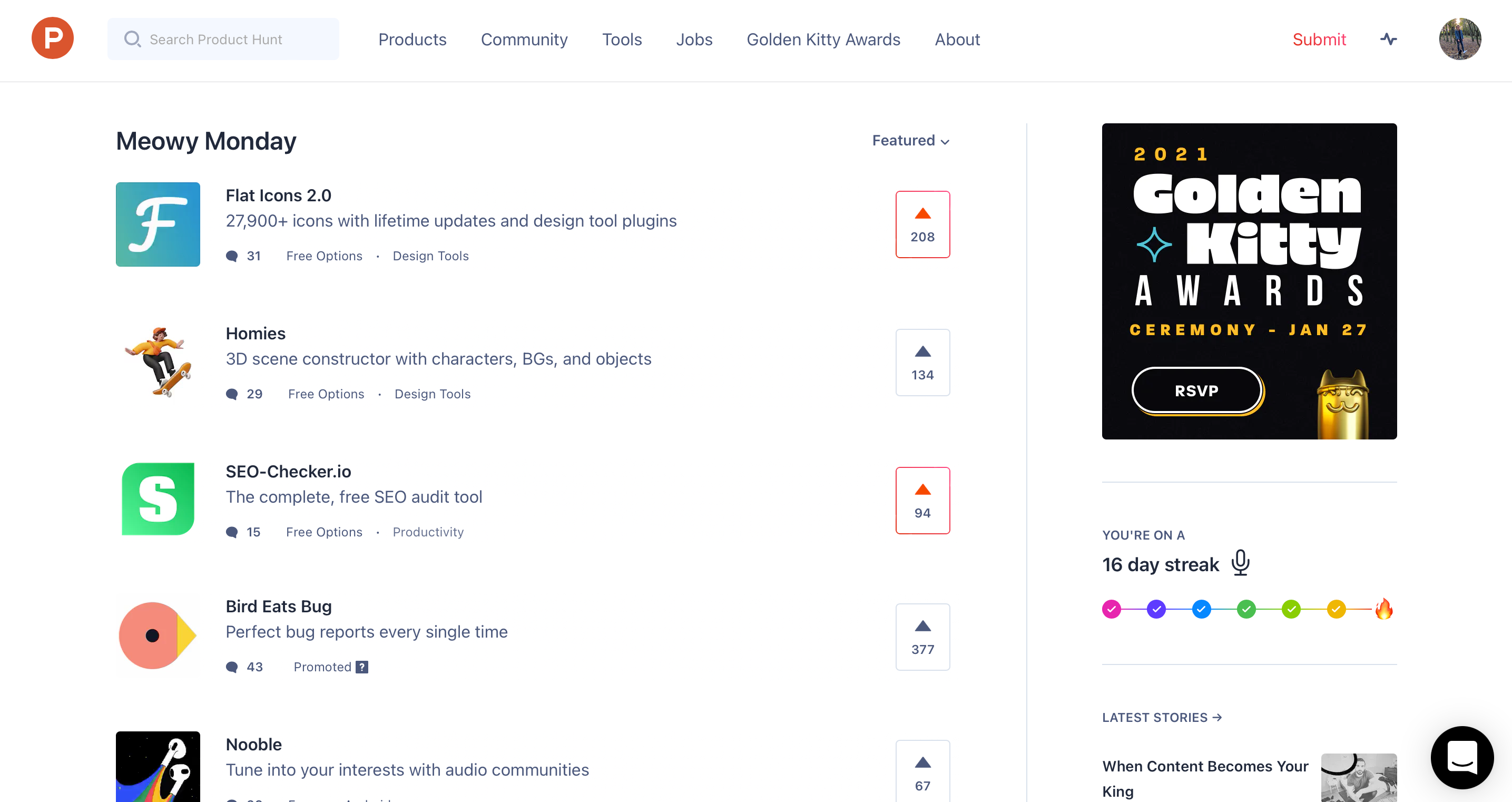 Product Hunt Homepage Screenshot