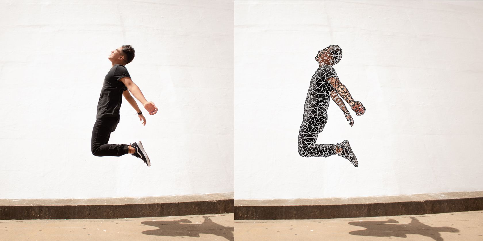 Side by side comparison images of a man jumping midair. Photo on right has puppet warp mesh over the subject.