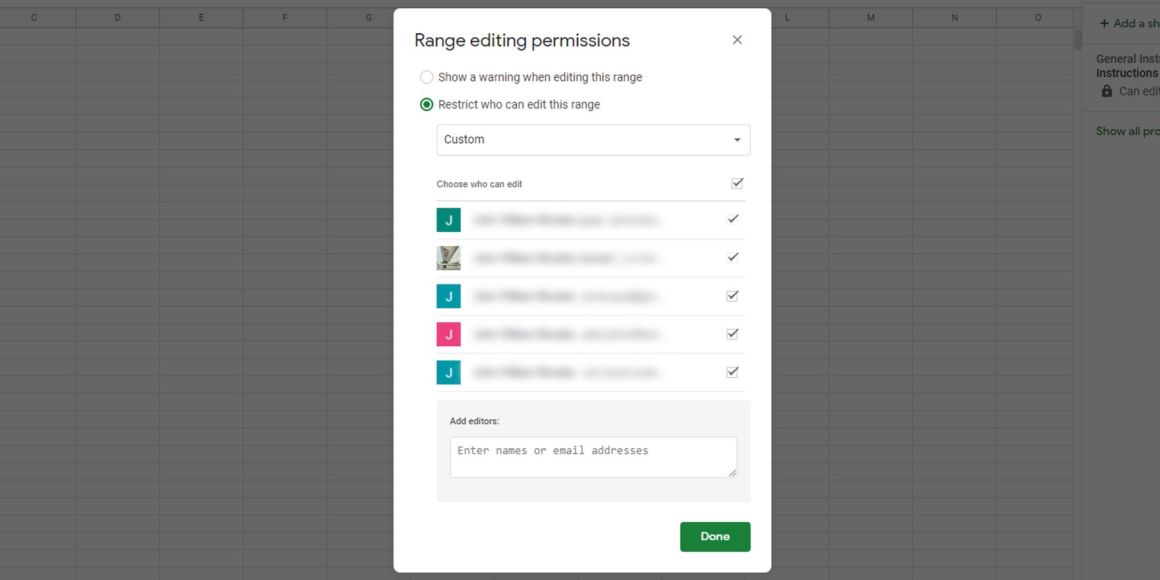 Range editing permissions on Google Sheets