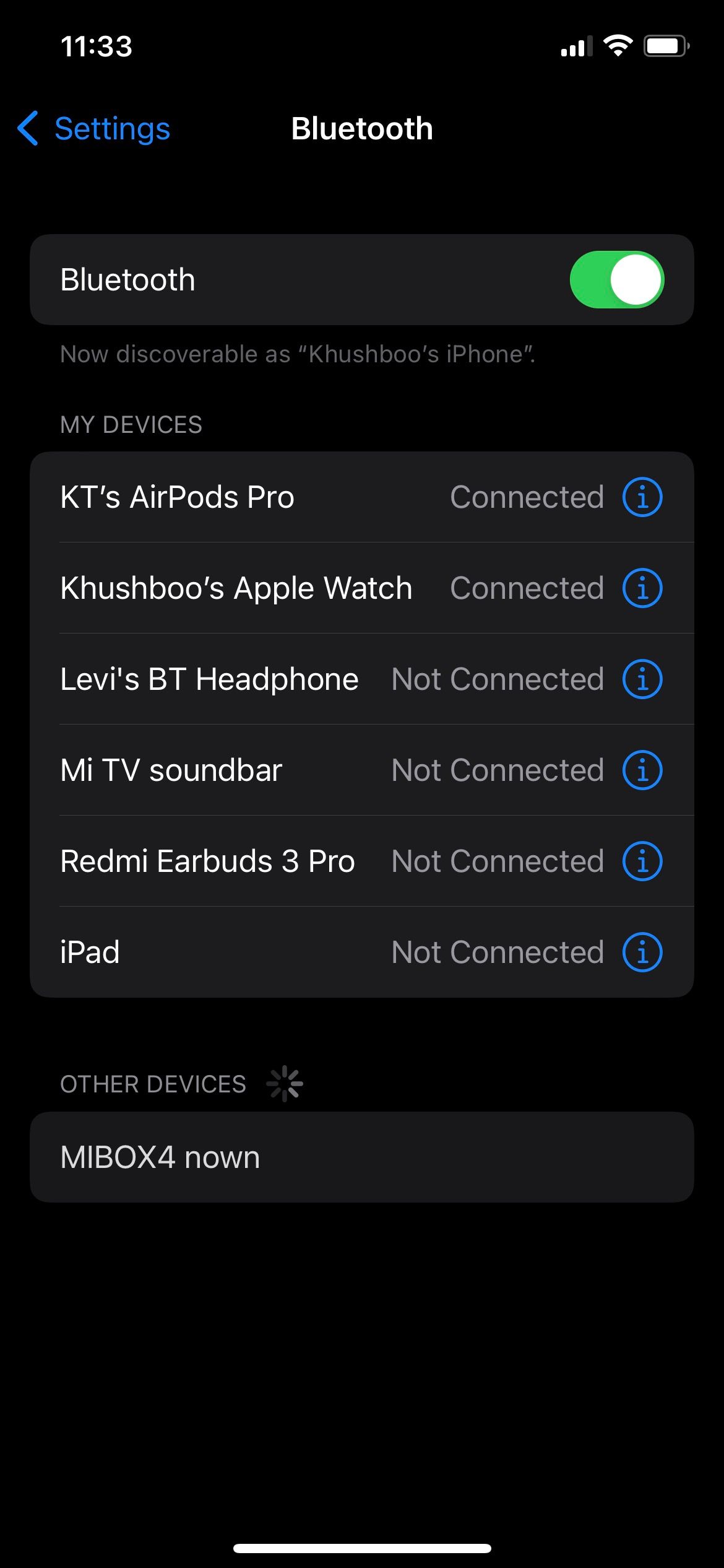 Bluetooth settings on iPhone