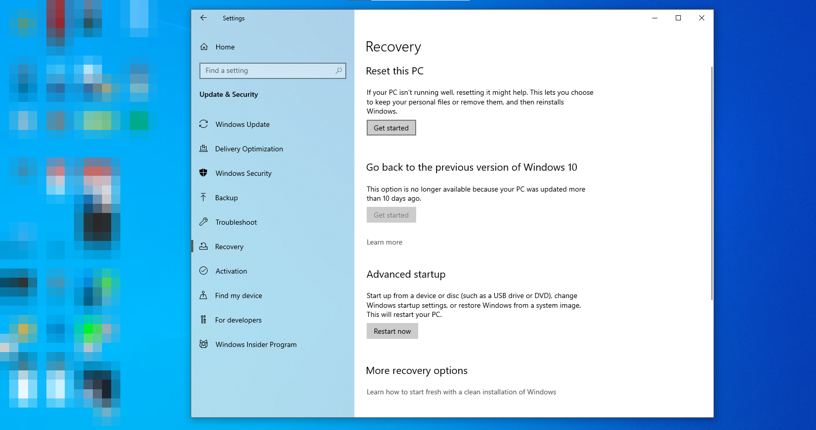 Resetting PC in Windows Settings App of Windows 10