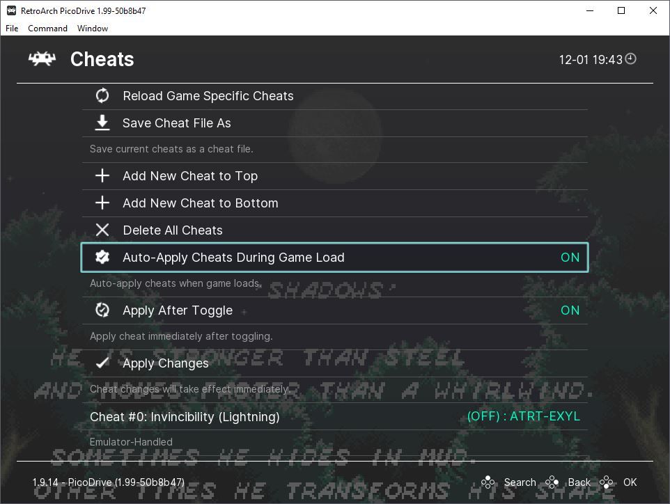 Enabling Retroarch's options to automatically apply cheats.