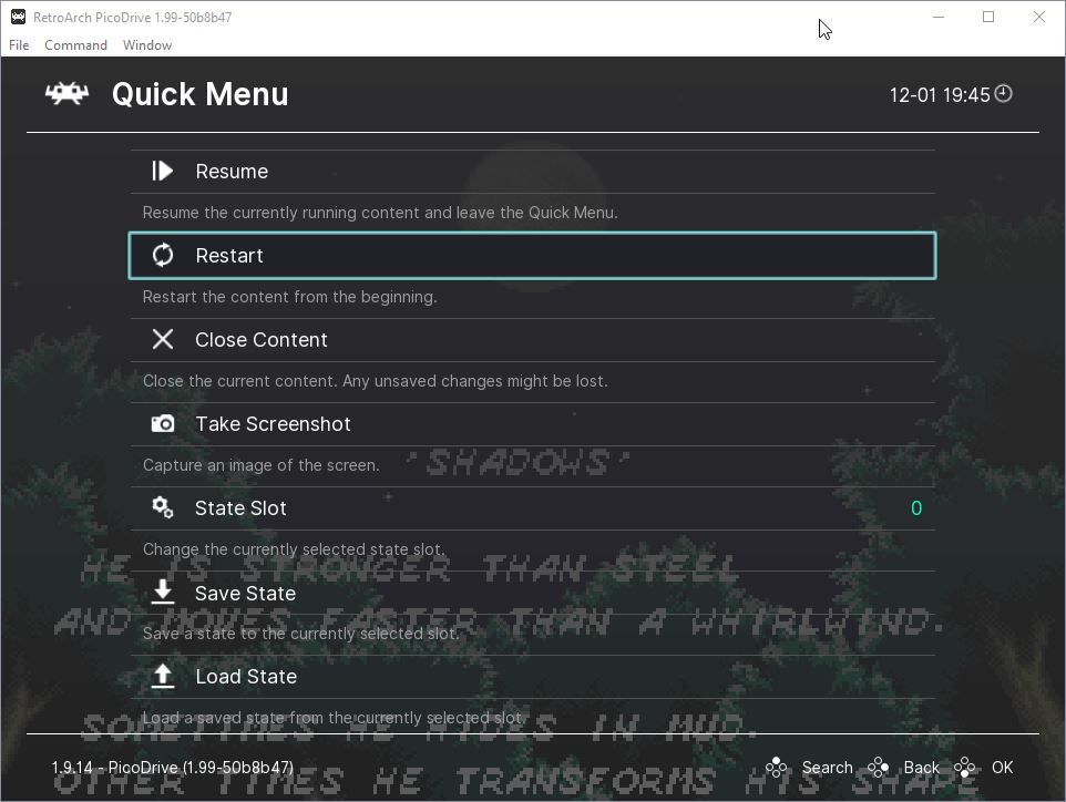 Retroarch's Restart option in the Quick Menu reboots the emulated system and applies any changed settings.