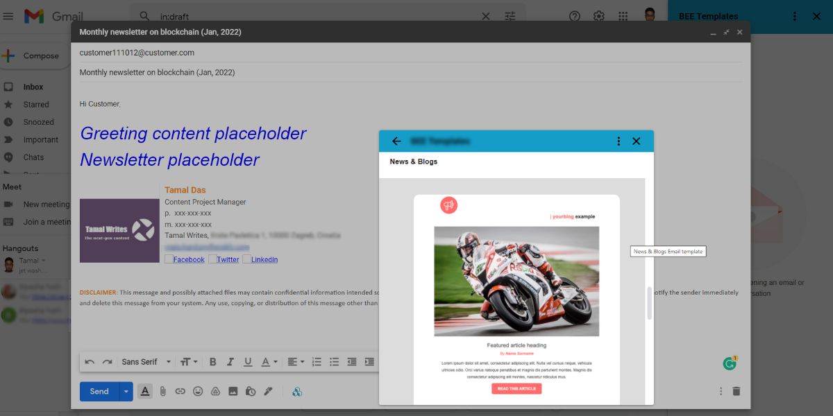A view of a Gmail add-on for marketing email templates