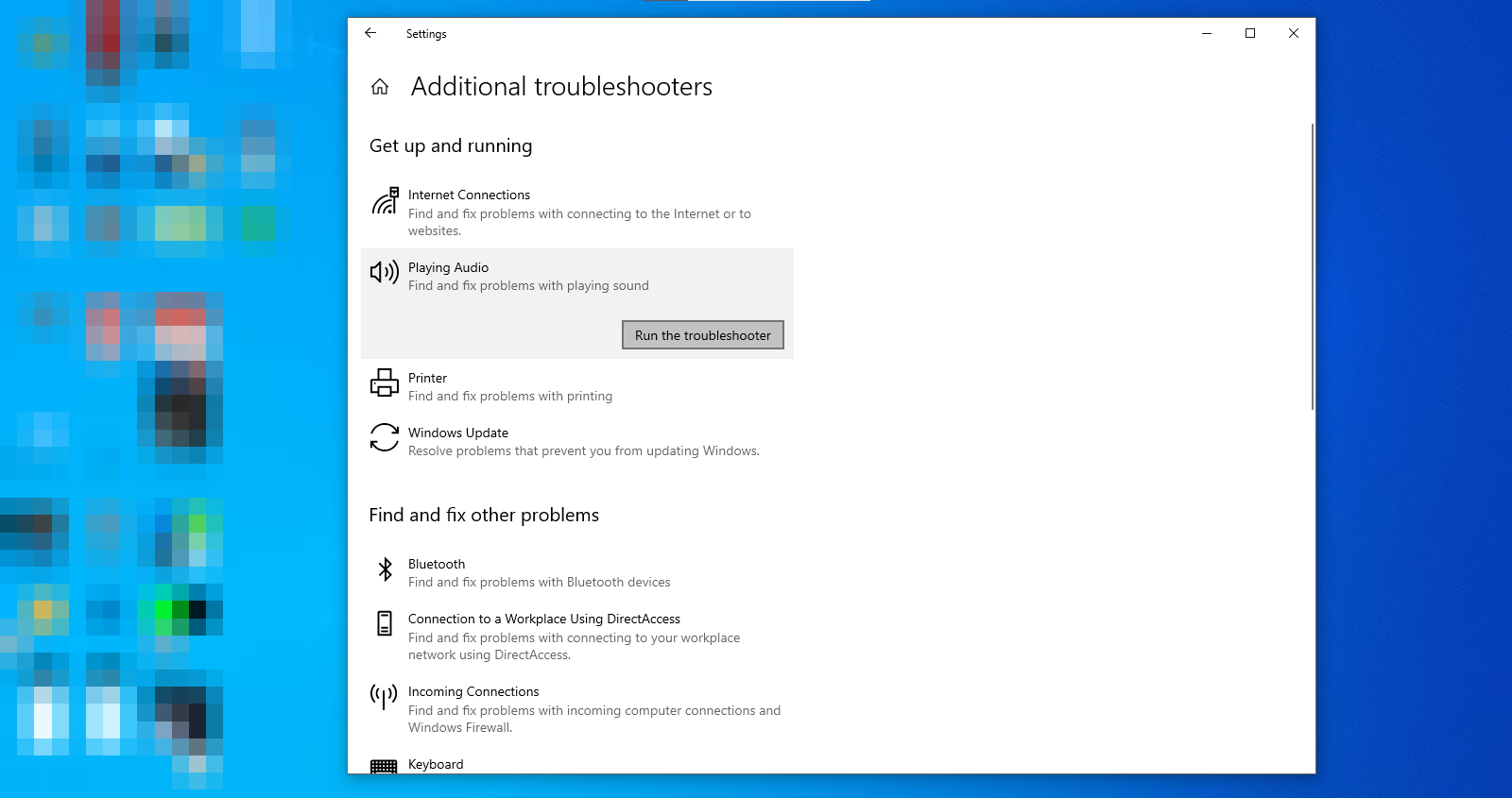 Running The Playing Audio Troubleshooter in Additional Troubleshooters Settings in Windows