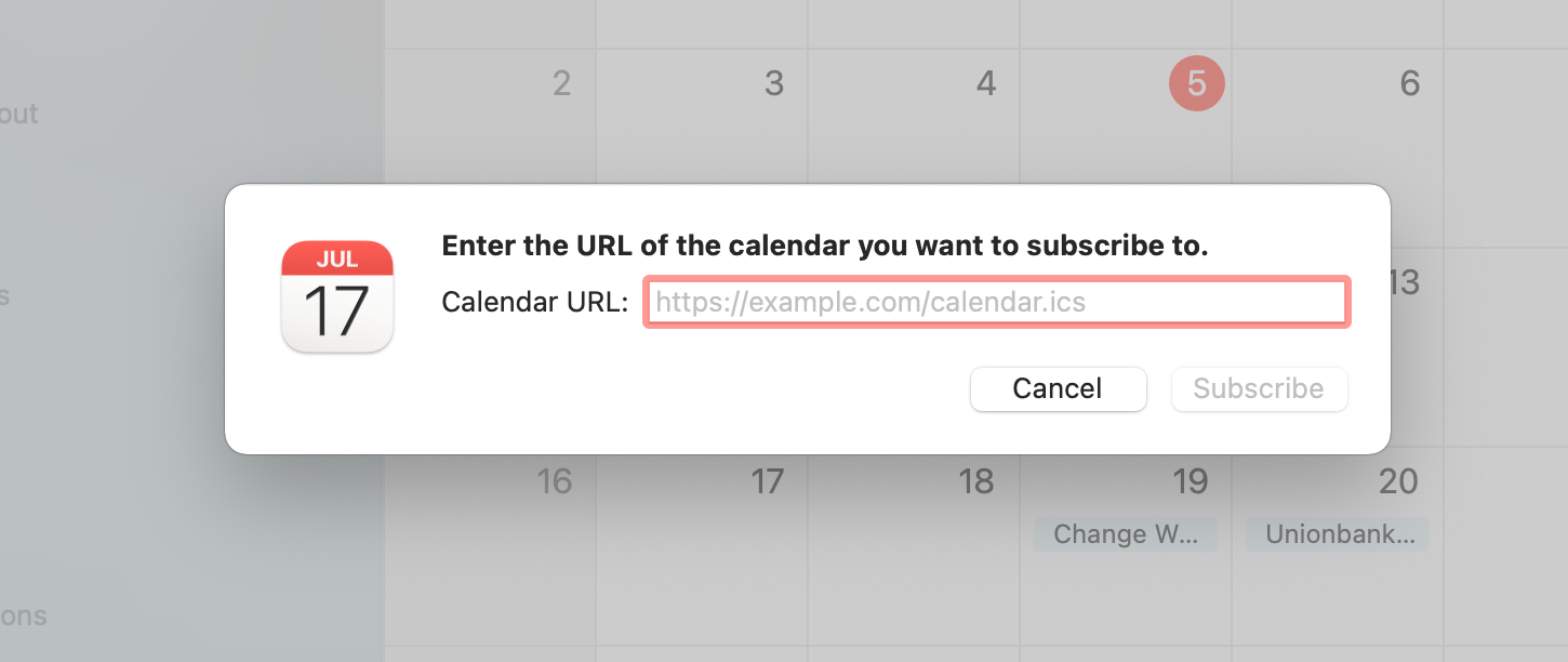 Apple Calendar on Mac - New Calendar Subscription - URL 