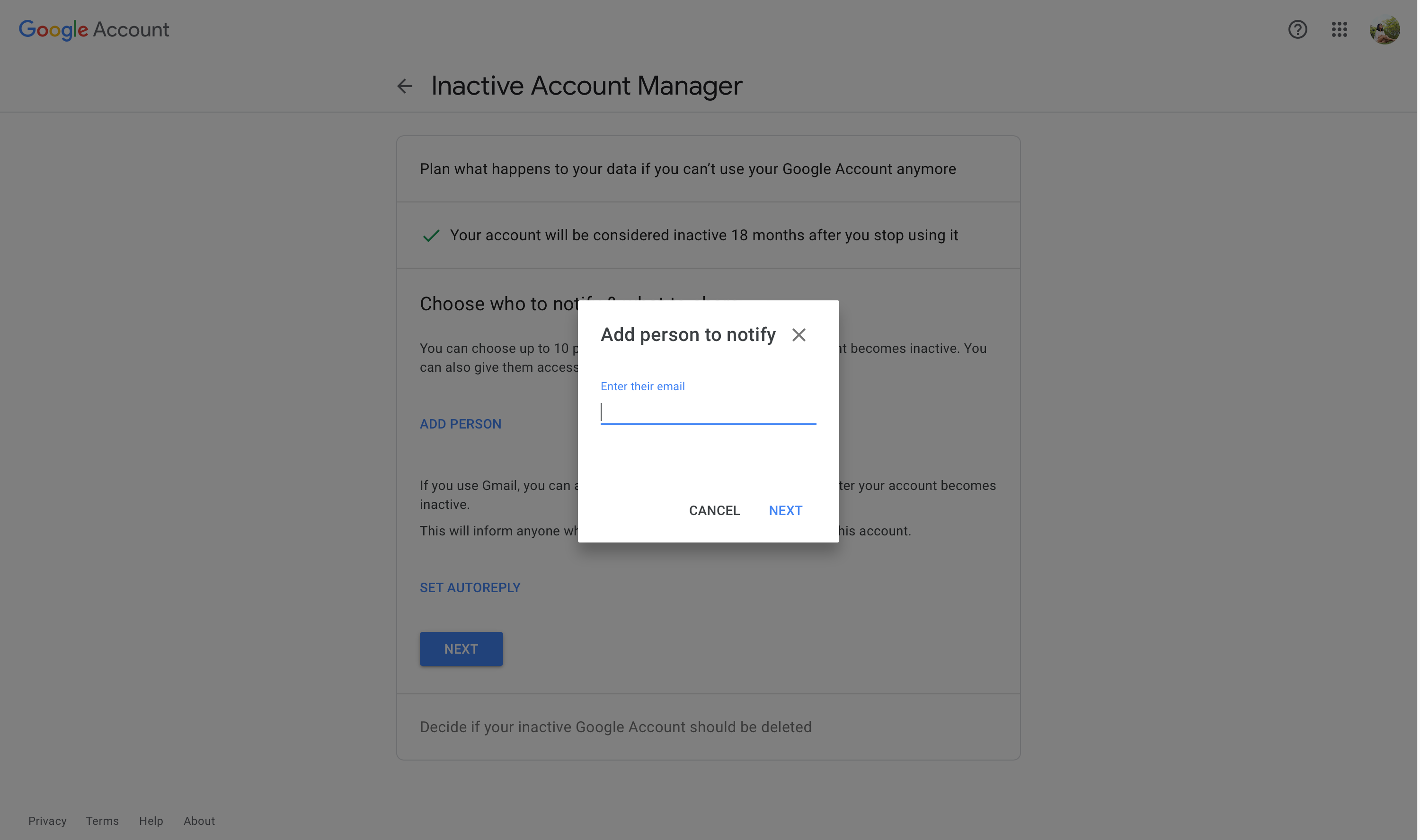 Google Inactive Account Manager - Add Person