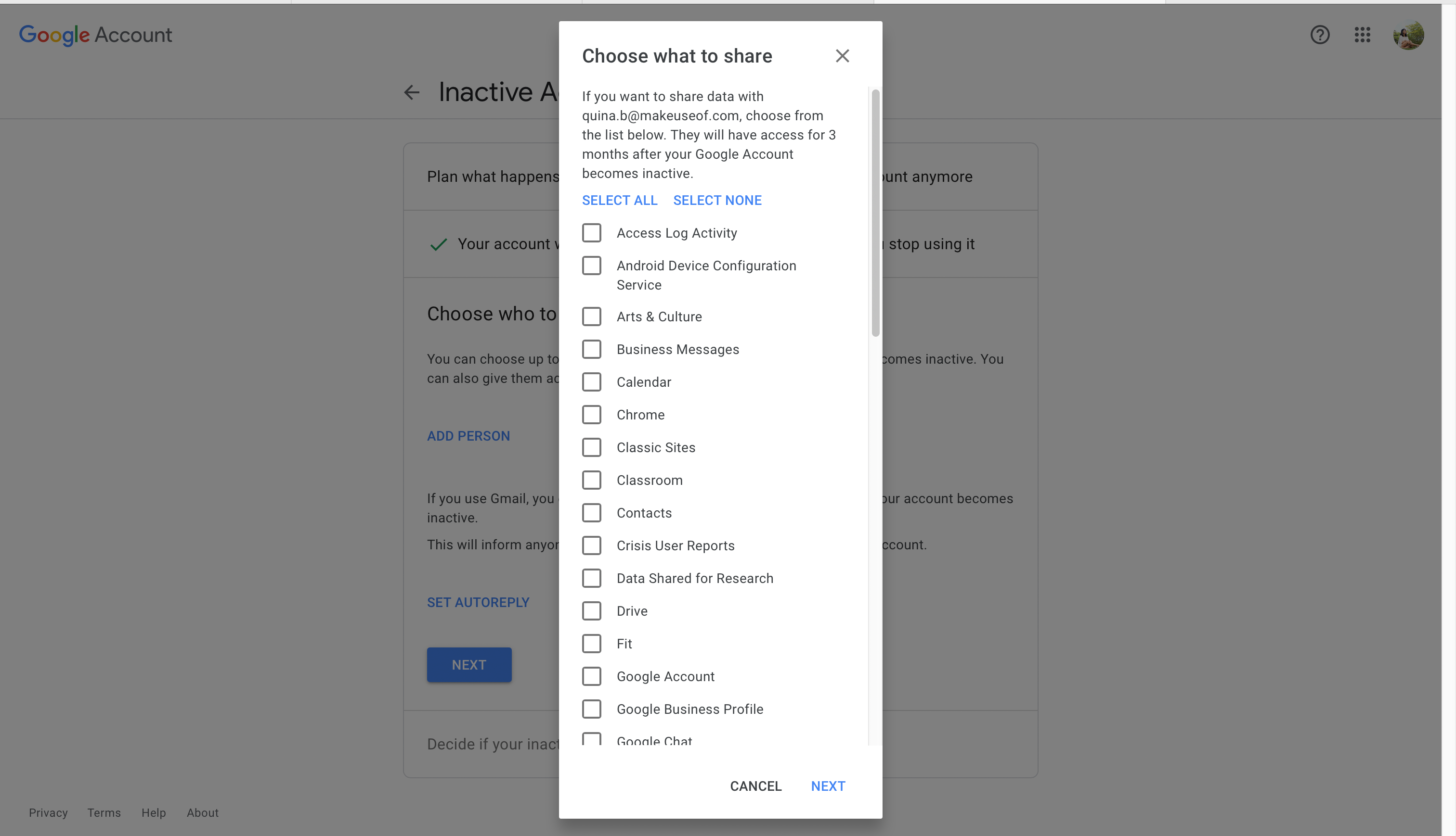Google Inactive Account Manager Choose What to Share