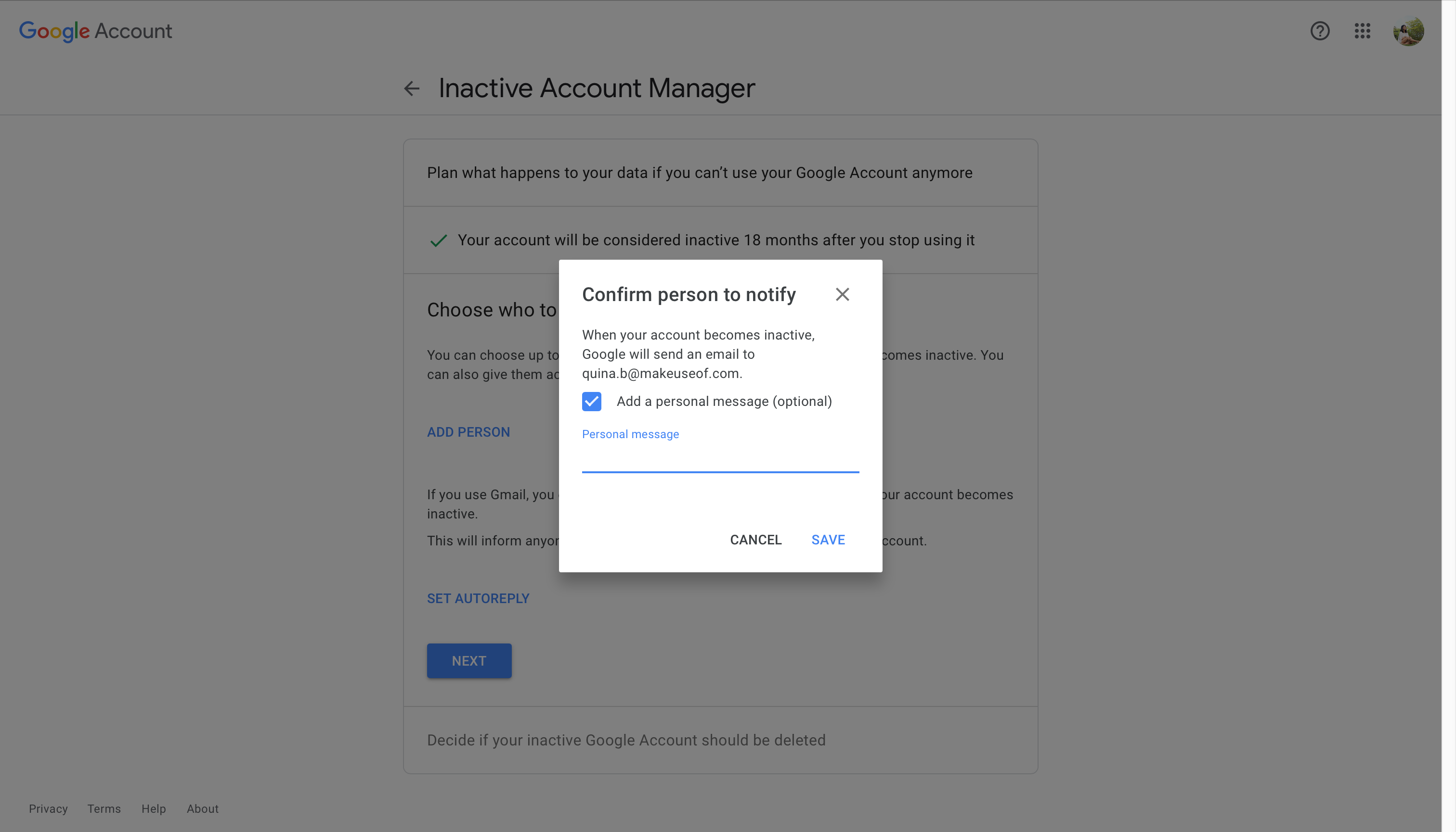 Confirm person to notify of inactive account manager