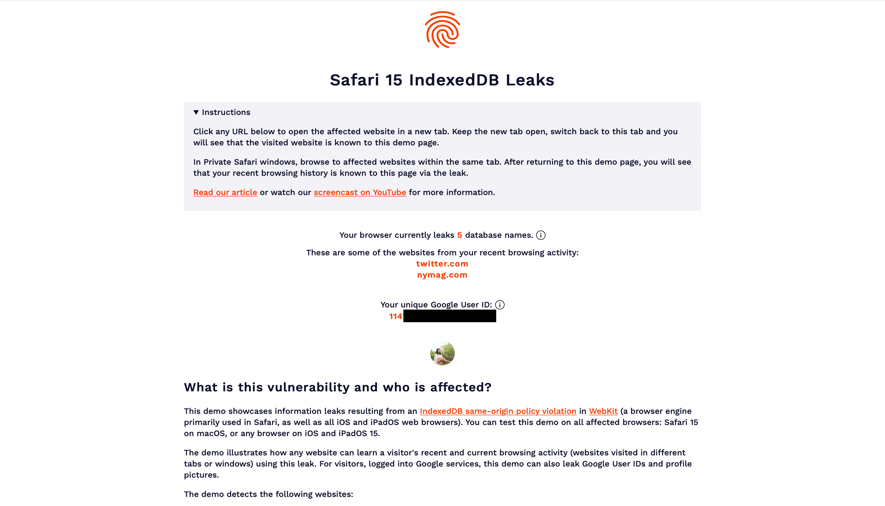 FingerprintJS Safari Indexed DB Leak Demo Sample