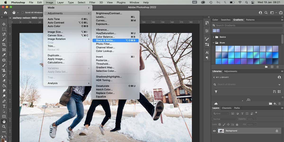 Screenshot showing Adjustments to Black and White in Photoshop
