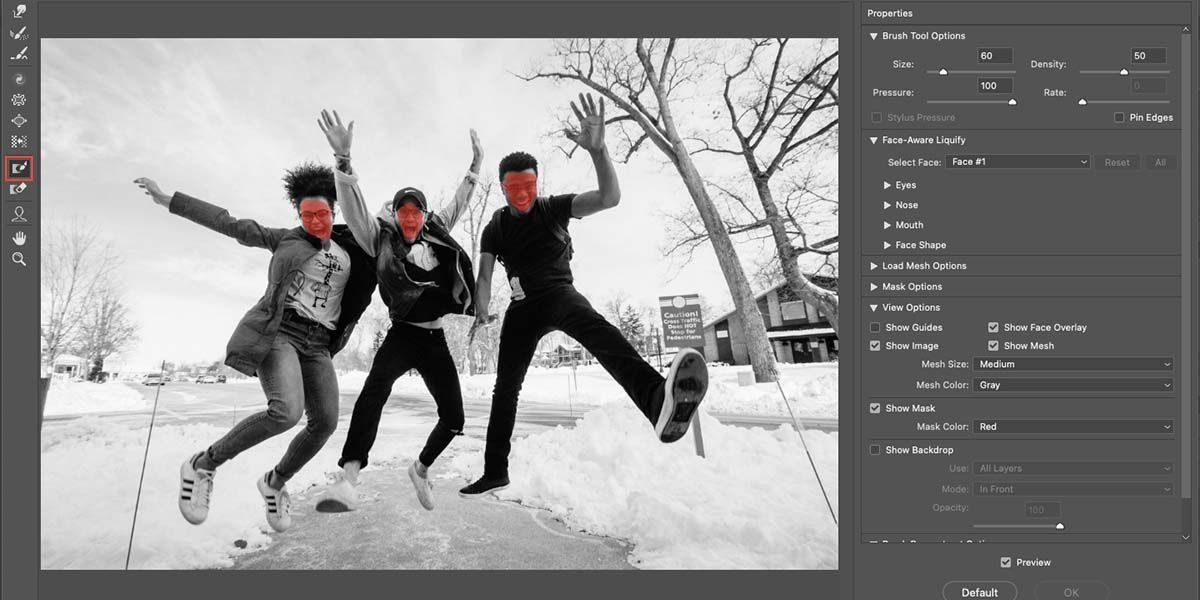 Screenshot of Photoshop's Liquify filter with Freeze Mask Tool in use on faces of image.