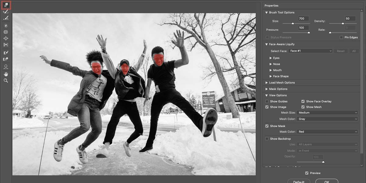 Screenshot of Photoshop liquify mask tool in use.