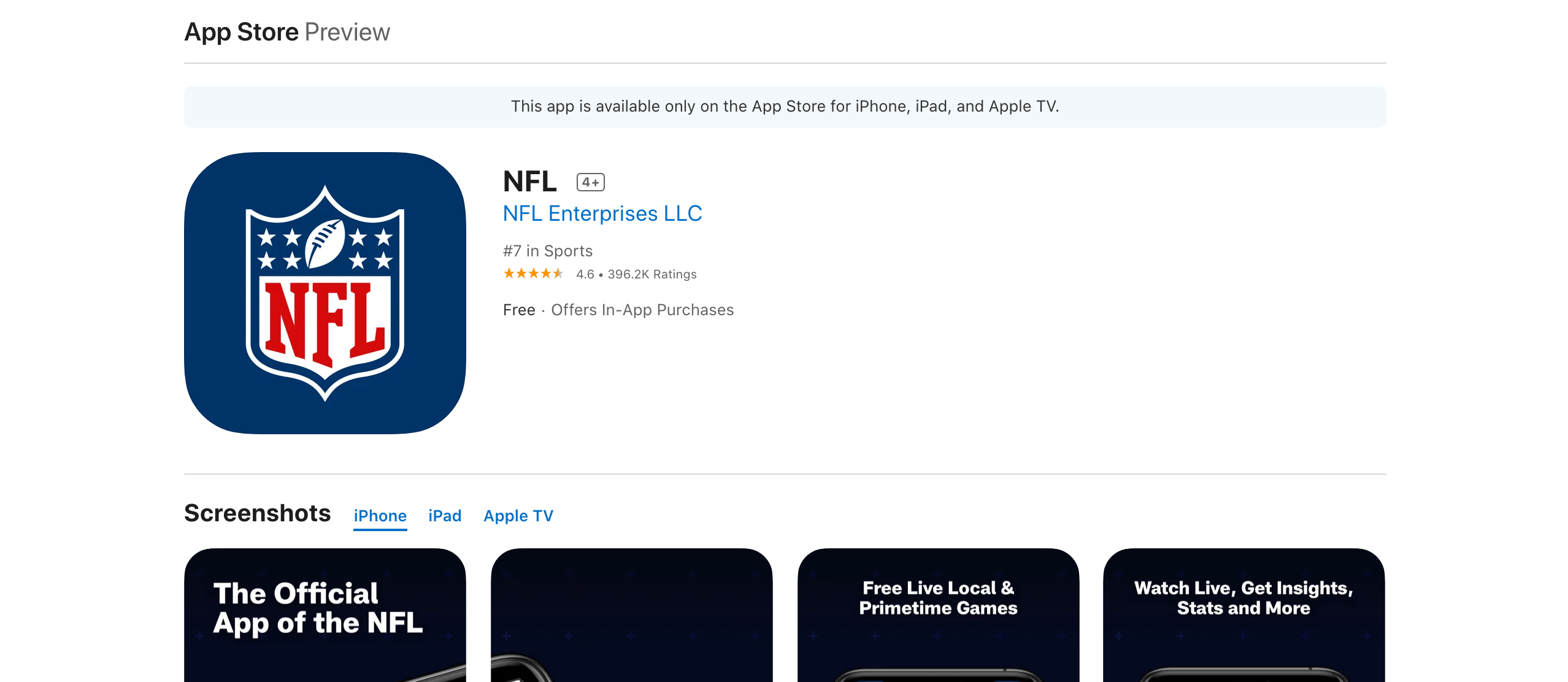 Screenshot of NFL app on App Store