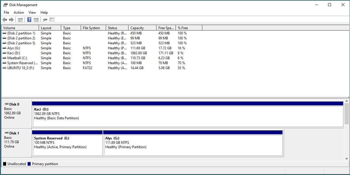 Screenshot of disk management main screen