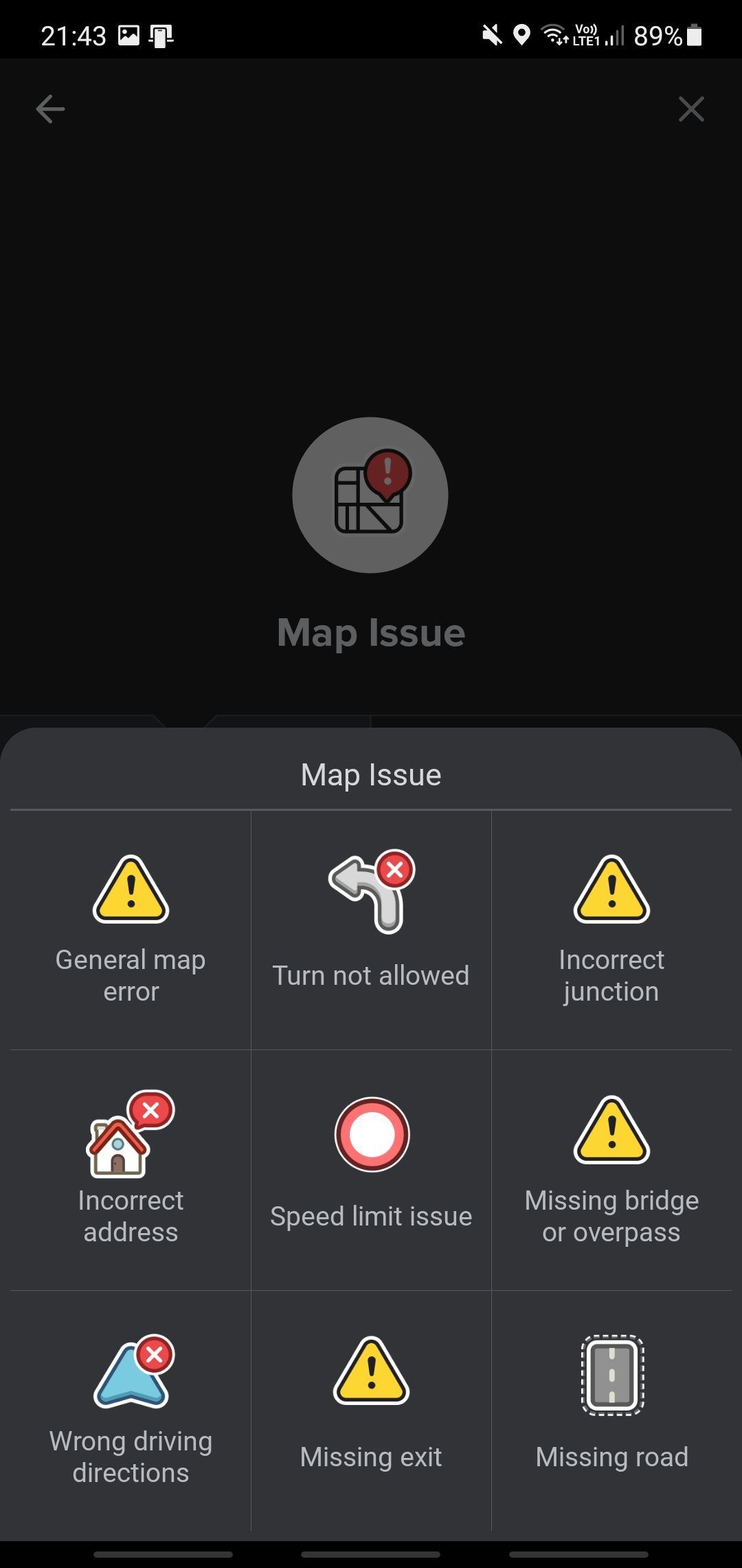 Map issue options on Waze