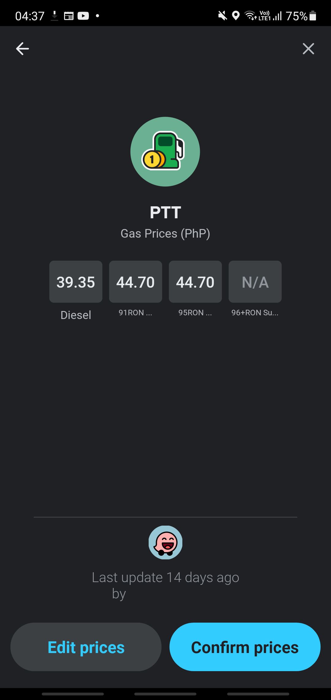 PTT fuel prices on Waze