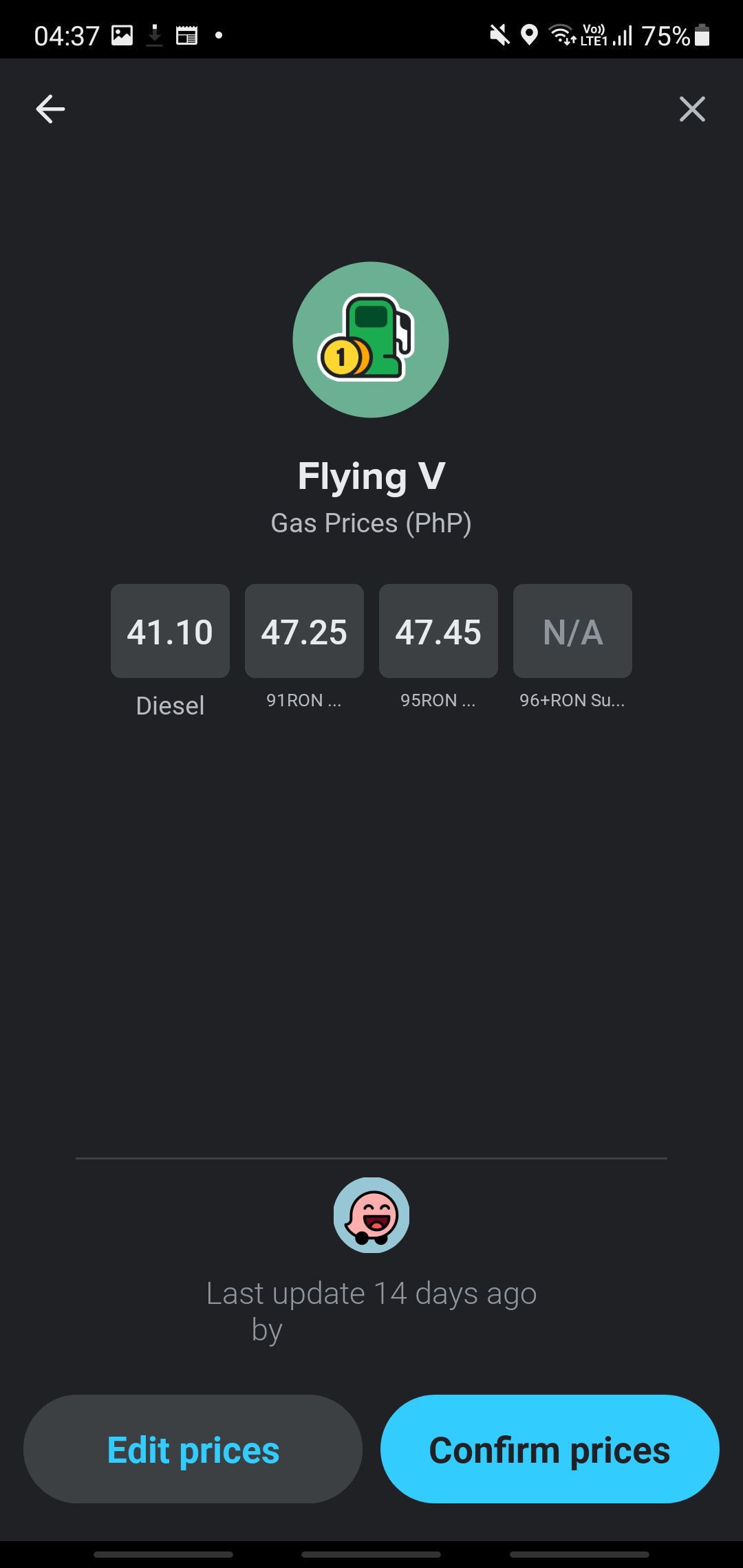 Flying V fuel prices on Waze
