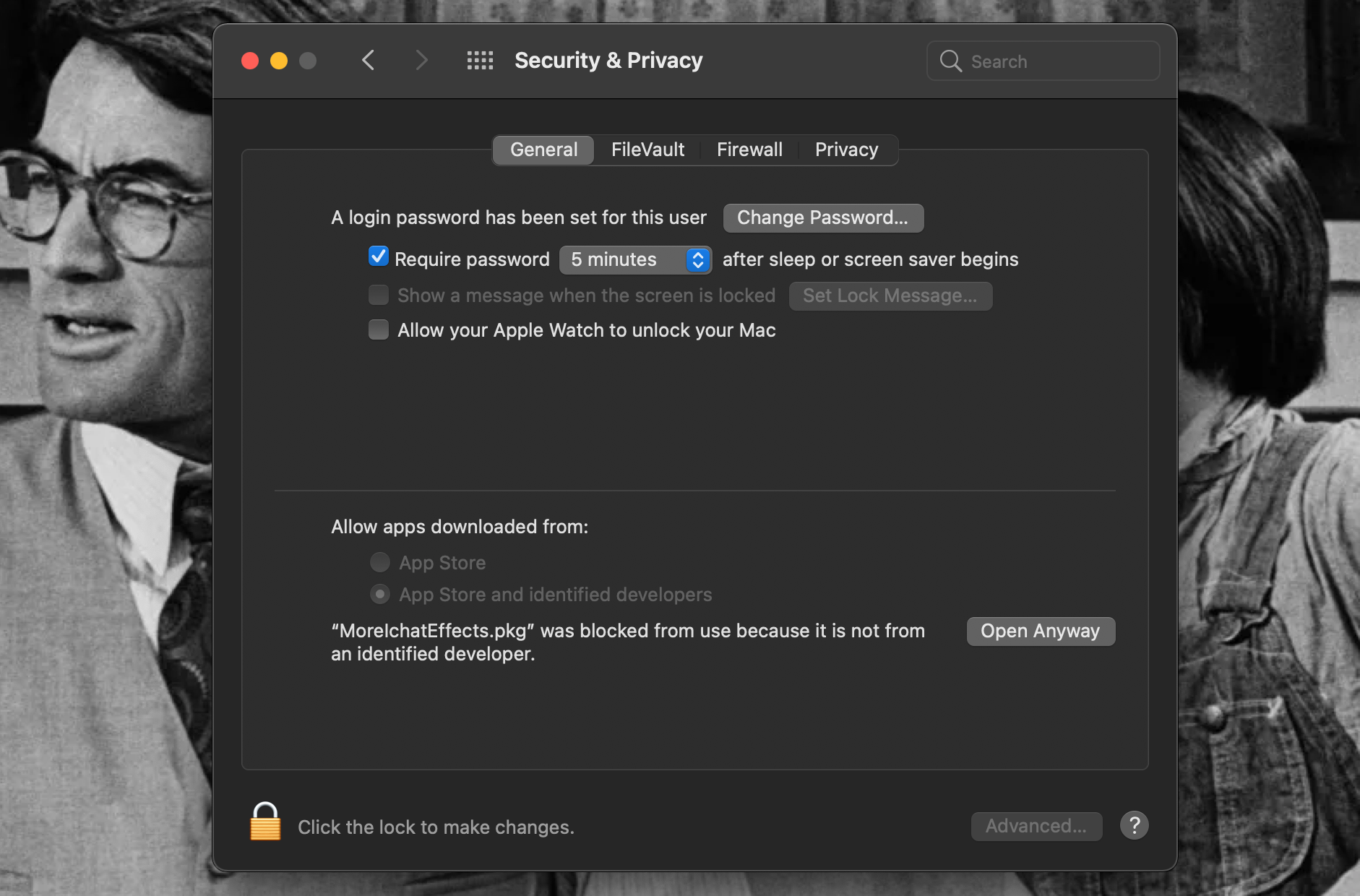 Security & Privacy window in System Preferences open with MoreIchatEffects developer warning
