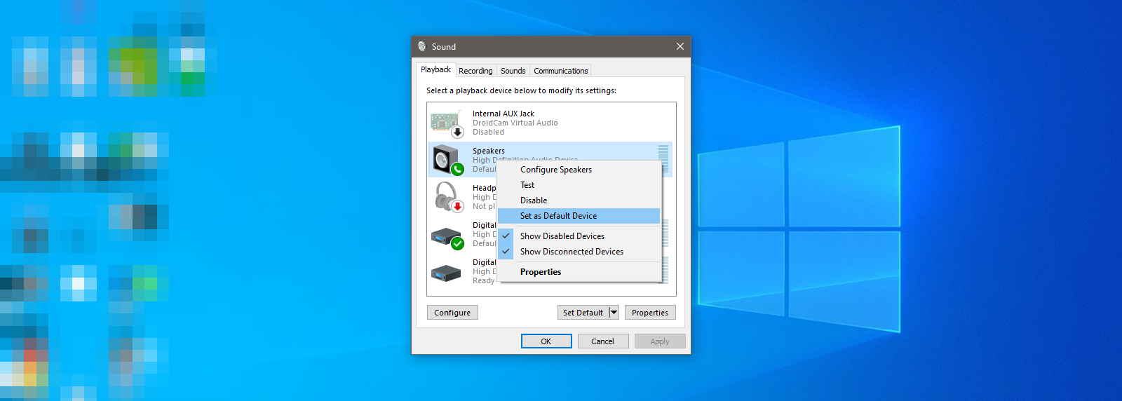 Setting Old Audio Device as Default in Windows 10