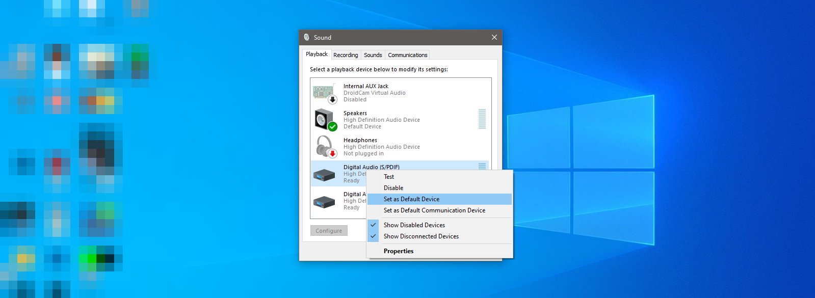 Settings another Audio Device as Default in Windows 10