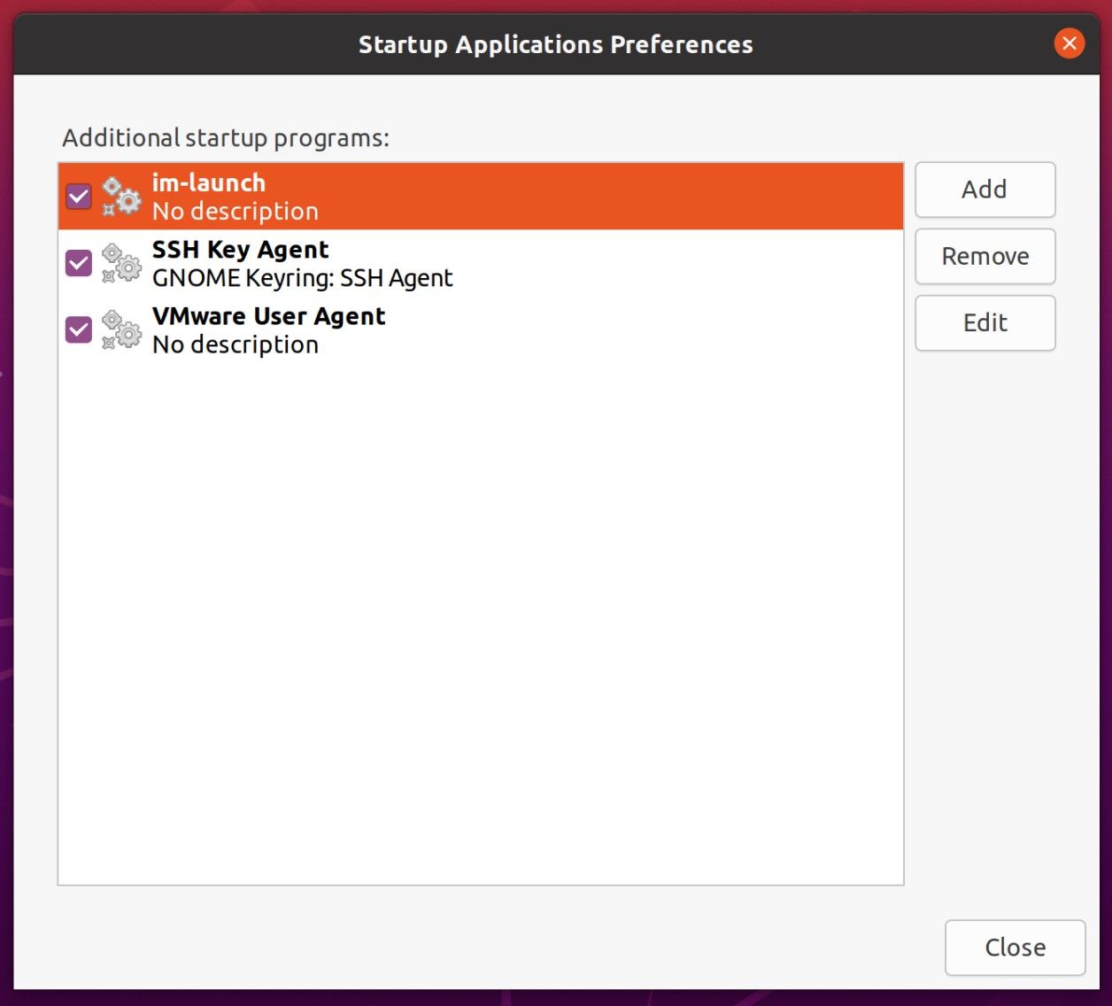 Startup Applications Preferences interface