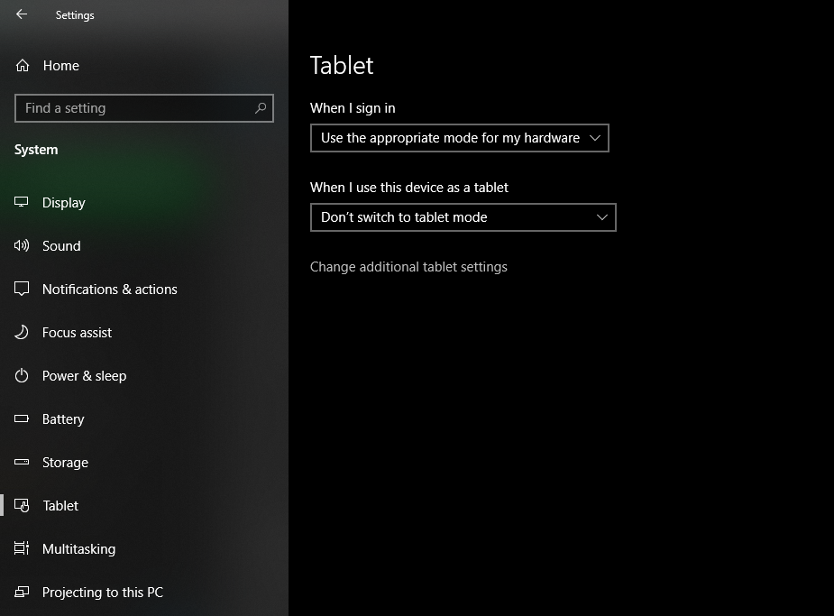 Tablet Mode Settings in Windows 10 Settings