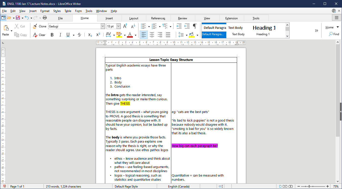 Taking class notes in LibreOffice Writer